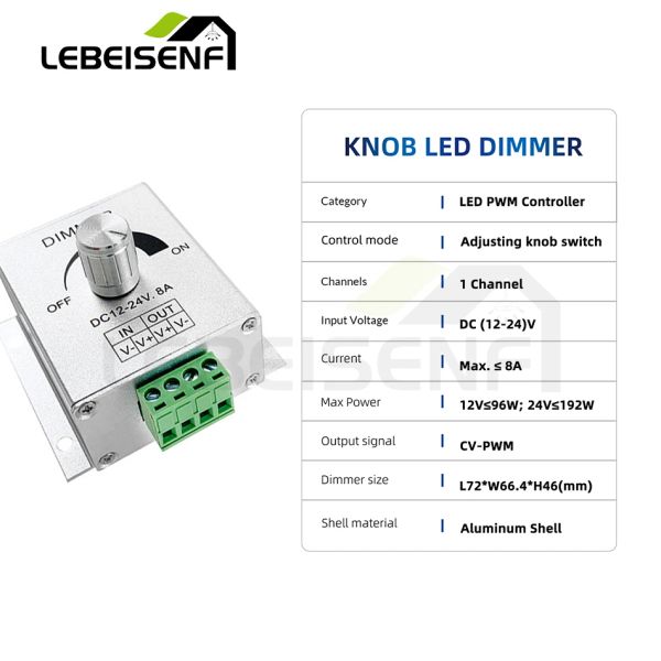 Chave de alumínio rotativo Dimmer LED Dimmer PWM ON OFF OFF Controller DC 12V 24V 8A para 5050 2835 Cob Luzes de tira de cor única