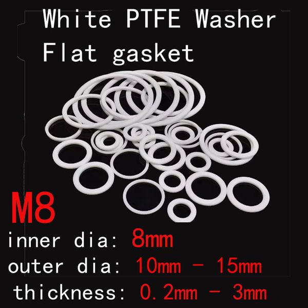 M8 PTFE White PtFE Rondella piatta GUARLA ROUND RICHE SALUNG ANELLO DELL'INTERNO DI 8 MM Diametro interno 10 mm-15 mm Dia esterna da 0,2 mm-3 mm di spessore