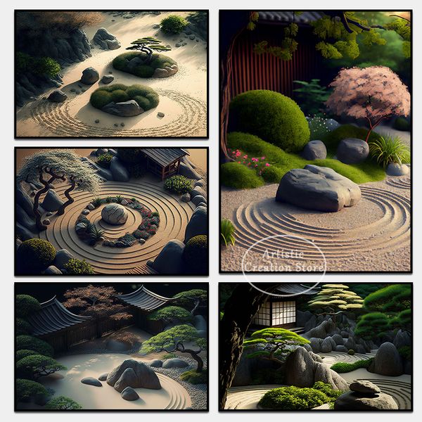 Postatori giapponesi giapponesi da giardino da giardino Vintage Zen Wall Art dipinto Stampe di pittura Immagini Soggiorno Regali decorativi per la casa