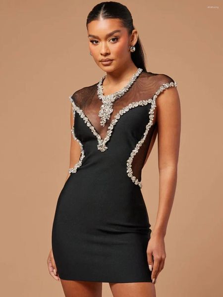 Lässige Kleider Frauen schwarz ärmellose O-Neck Rückenless Diamond Mesh Patchwork 2024 Sommer Verband Mini Bodycon Promi-Party sexy Kleid