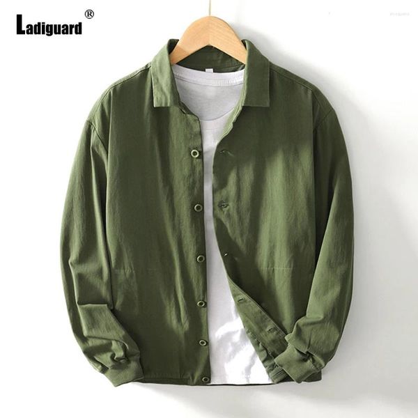 Herren lässige Hemden Männer Lange Ärmeln Baumwollhemd Kleidung 2024 Harajuku Mode Open Stitch Tops Täglich Feste grüne Khaki Bluse Herren