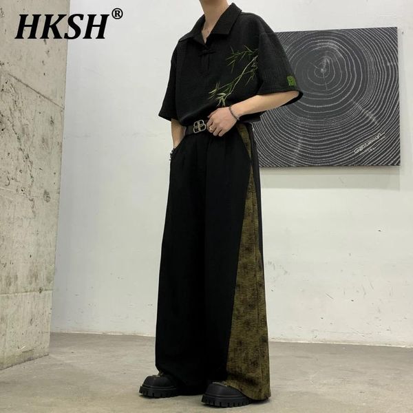 Calça masculina hksh primavera punk escura de maré nicho de nicho lateral de retalhos plissados feminino de piso de perna largo as calças HK0336
