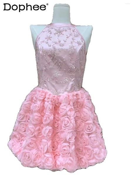 Vestidos casuais japoneses temperamento doce pesado setor de lantejoulas de seda de seda fora do ombro Princess estilo rosa vestido rosa verão para mulheres