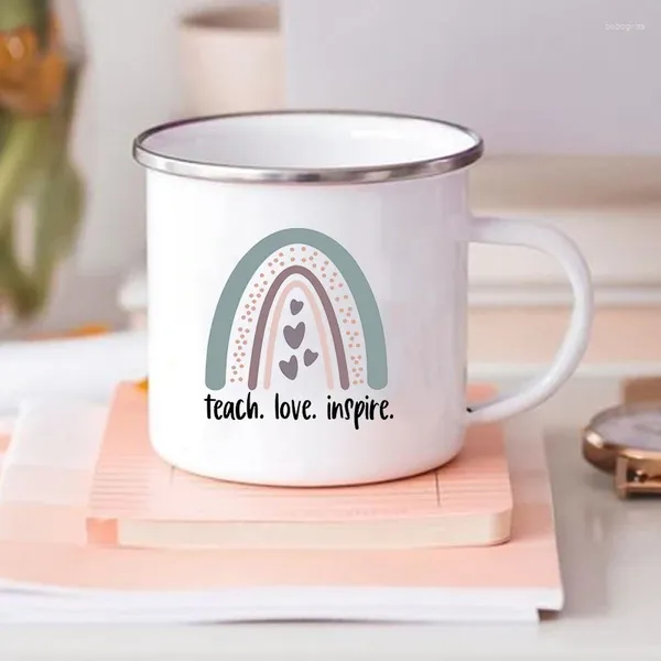 Tassen unterrichten Liebe Inspire bedruckte Vintage Emaille Tasse kreative Kaffee Tee Tassen Getränke Frühstück Milk Griff Getränke Lehrer Geschenke