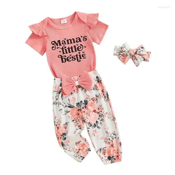 Roupas de roupas para criança, menina menina de verão Rouphits Print Rompers de manga curta Bow Floral Long Pants Longo PARTE CABEÇA ROPOS DE ROPOS DE 3PCS