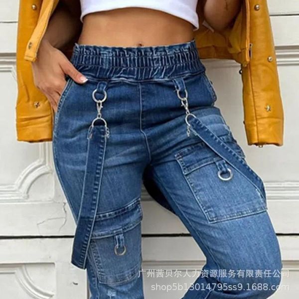 Jeans feminino Mulheres Médias de ombro elástico de bolso Y2K Casual Streetwear O-ring Decor Design Denim Suspender Jumpsuit