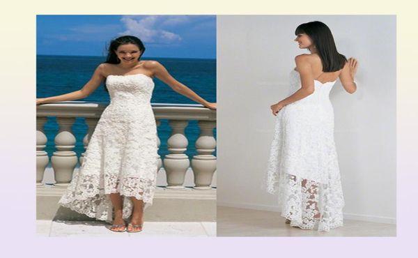 Lace Beach Hochzeitskleiderschatzcolumn trägerlos hohe, niedrig asymmetrische Rückenfreie Reißverschluss Rücken Vintage Brautkleider7341239