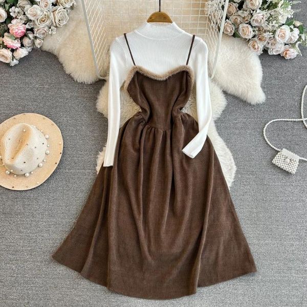 Arbeitskleider Frühling Frauen Pullover Overalls Kleid Sets lässige Stricktops Faux Spleißband 2 Stück Outfits Weiblich