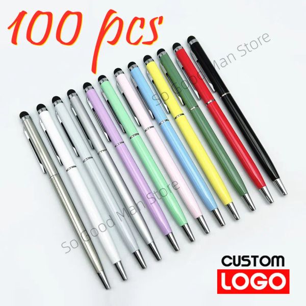 Stifte 100 PCs 13Color Metal 2in1 Stylus Universal Ballpoint Pen Custom Logo Text Gravur Office School Werbung Stift Großhandel Großhandel