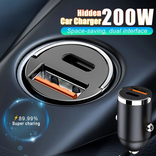 200W Mini USB -Auto -Ladegerät Schnelle Gebühr mit Dual -Ports Pull Ring Typ C PD -Auto -Adapter für iPhone Samsung Huawei Xiaomi iPad