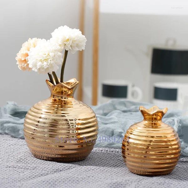 Vasos de criatividade vaso de cerâmica de romã dourada feita artesanal arranjo de flores pequeno mobiliário de artesanato de decoração de casa moderna