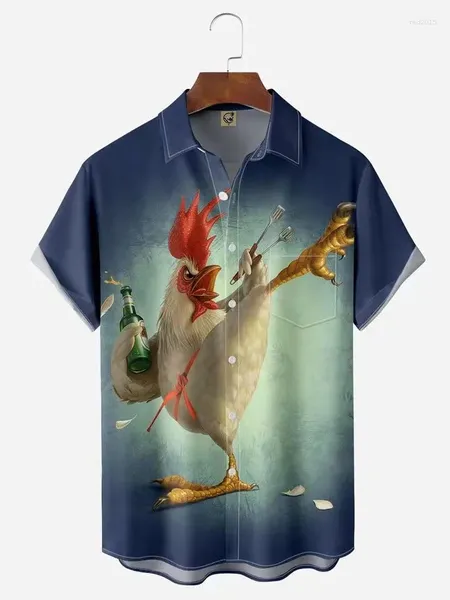 Herren-Casual-Shirts 2024 Kreative Elemente 3D Printed Rooster Muster Revers und komfortable Sommer-Kurzärmel-Hemd