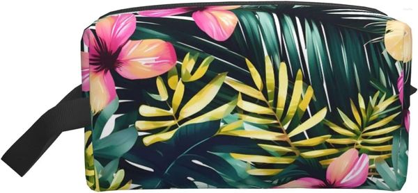 Kosmetiktaschen Tropische Sommer Hawaiian Blumenpalmenblätter Toilettenbeutel Make -up Reise für Toilettenartikel Aufbewahrung mit Reißerei