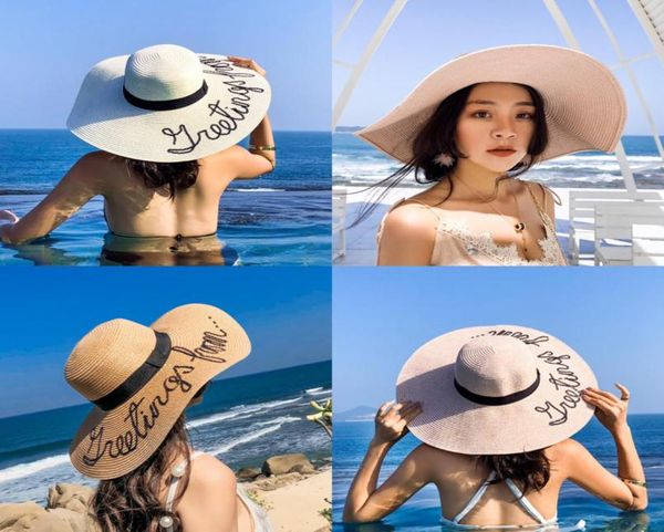 Sommer weite Big Bim Sun Hats Letter Letter Floppy Strohhüte für Frauen UV Schutz Panama Beach Hats Ladies Chapeau9004109