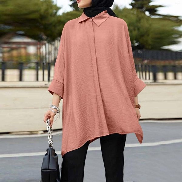 Frauenblusen Muslim Hijab Bluse Truthahn Dubai Long Tops Vintage Women Revers Halshemd Hemd Solid Blusas Islamische Kleidung Abaya