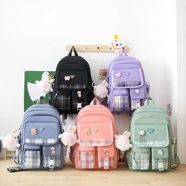 Backpack de grande capacidade 4pcs/set Clidren Student School Bolsa de Escola Cute De Cartoon Plaid Bolsa Multicolor para meninas adolescentes