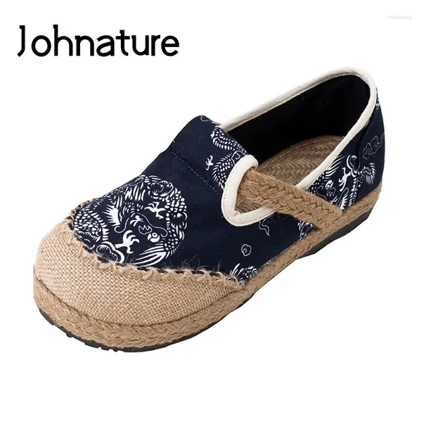 Sapatos casuais johnature senhoras totem slip-on redond dedo dedo dedo de dedos geométricos 2024 lona de outono costurando mulheres feitas artesanais