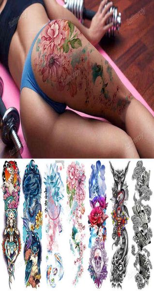 sexy falsche Tattoo für Frauen wasserdichte temporäre Tattoos großer Bein Oberschenkelkörper Tattoo Aufkleber Pfingstrose Lotus Blumen Fisch Drache Y11255143987