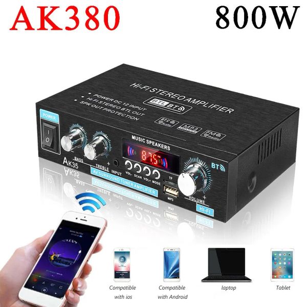 Verstärker AK380 800W Home Car Power Amplifier 2 Kanal Bluetooth 5.0 Audio Digitalverstärker FM USB -Fernbedienung HiFi Stereo Subwoofer