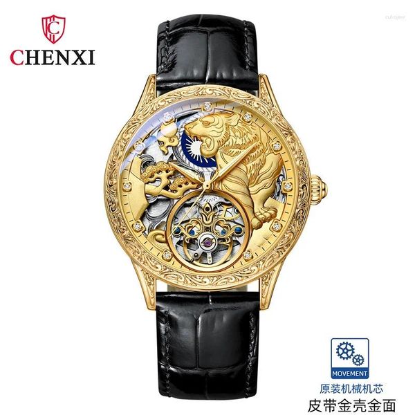 Relógios de pulso Chenxi 6029H Couro preto Squeleto automático de SKETTH MOTHE MONTE MONTRE HOMME GOLDEN TIGER Relógio para homem