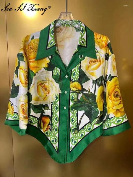 Blouses feminina Seasixiang Designer de verão Impressão de flor Flor Camisa de seda virada para baixo colarinho solto de férias de praia curta