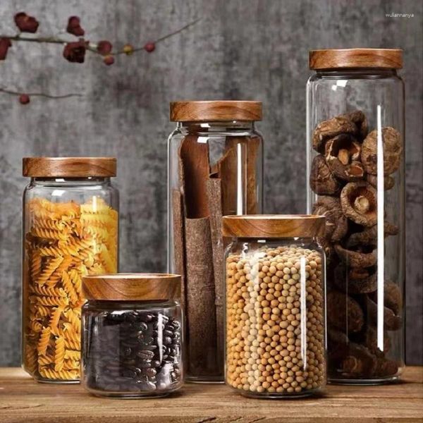Garrafas de armazenamento 1 PC pequenos frascos de vidro com tampas herméticas recipientes de café Cabelo de pantagem de madeira para feijão açúcar de arroz