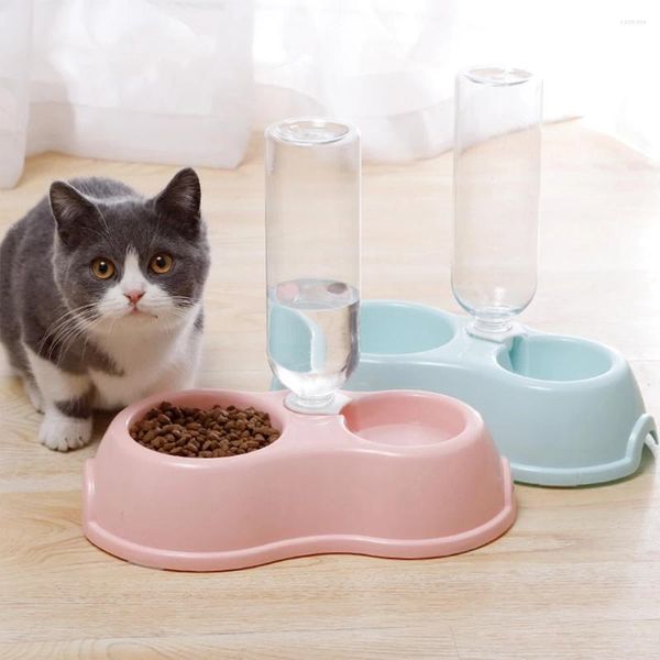 Katzenträger rund Plastik Haustier Doppelschale mit Trinkflasche Automatische Wasserspeicherschale Feeder Hunde ernährung