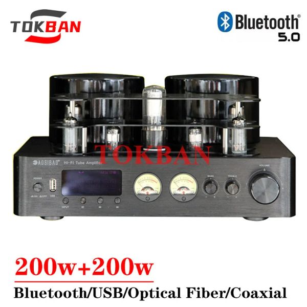 Amplificadores TOKBAN AV889 200W*2 6U1 6A2 Amplificador de tubo a vácuo de alta potência Bluetooth 5.0 VU Suporte de fibra de fibra de fibra amplificador de áudio