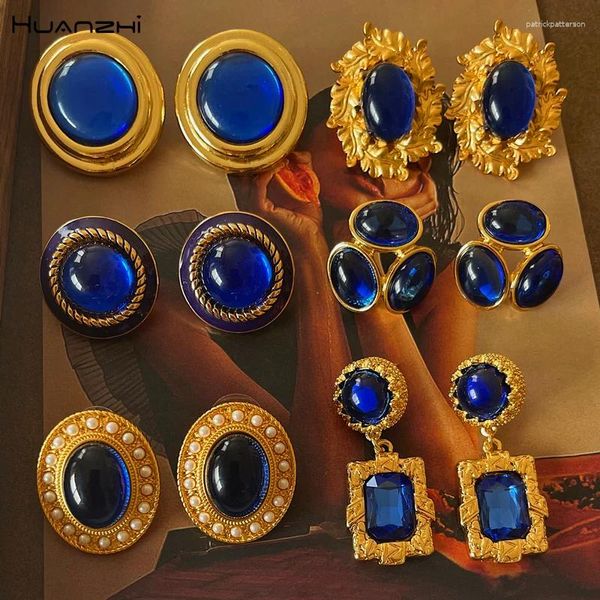 Brincos de garanhão huanzhi cor de ouro vintage folhas embrulhando jóias irregulares de esmalte de esmalte azul oval