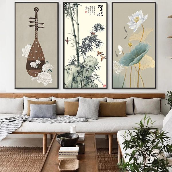 Traditioneller Retro chinesischer Stil Lotus Pfingstrote Buchstabe Leinwand Malerei Poster Print Wandkunst Bild Wohnzimmer Wohnkultur Cuadros