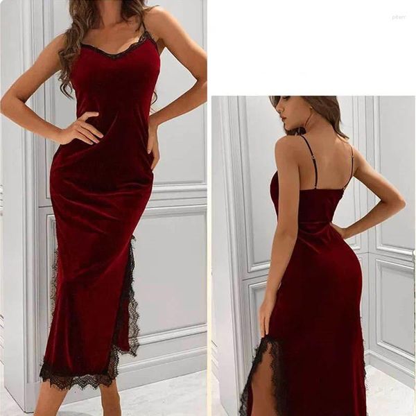 Kadın Placess Nightgown Uyuyan Kadın İnce Sinemsi Seksi Nightshirt İlkbahar Yaz Altın Velvet Dantel Nightdress Kadınlar Uzun Ev Elbise