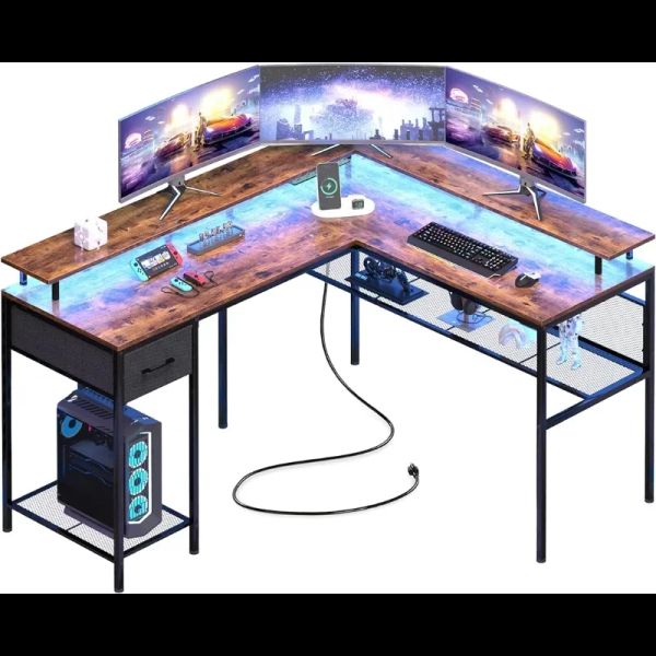 Mesa do computador em forma de L com luzes de luzes LEDs, mesa de jogos com prateleiras de armazenamento