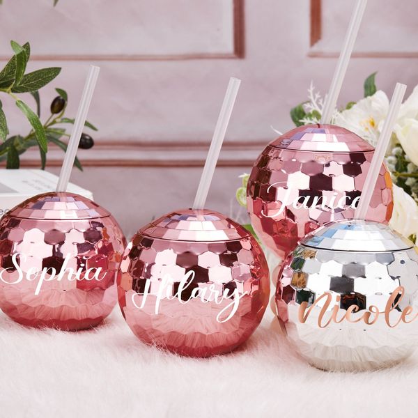 Personalisierter Discokugel-Becher für Brautjungfern, Disco-Becher mit Strohball, Disco-Weingläser, Junggesellinnenabschiedsbecher, Hochzeitsgeschenke