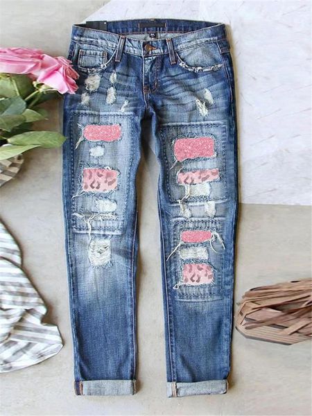 Jeans feminino namorado para mulheres cargo calças de perna larga moda ripped hole rosa patchatch de retalhos de calça jeans longa