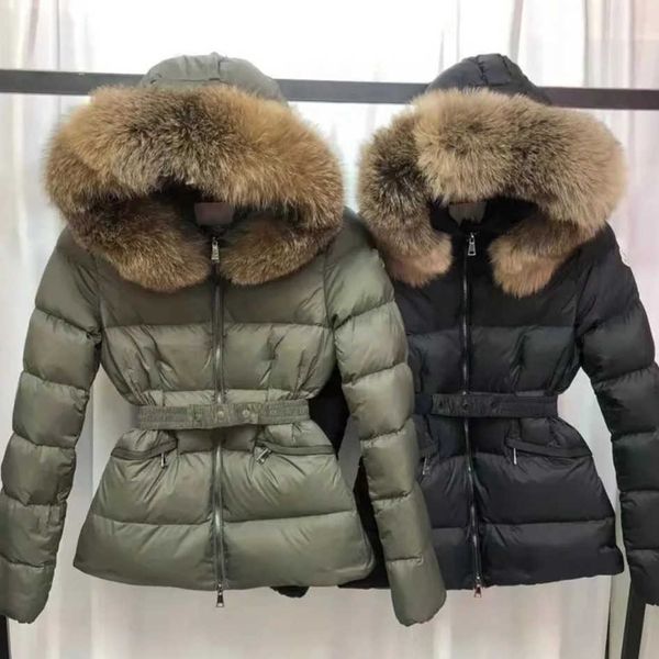 Parkas Womens Ceket Kış Kışlı Parkas Kış Dış Giyim Dışarı Kürk Yaka Tasarımcı Sıcak Peluş Aşağı Parkas Belt Bel Zayıflama Naylon Kaput Uzun Kış