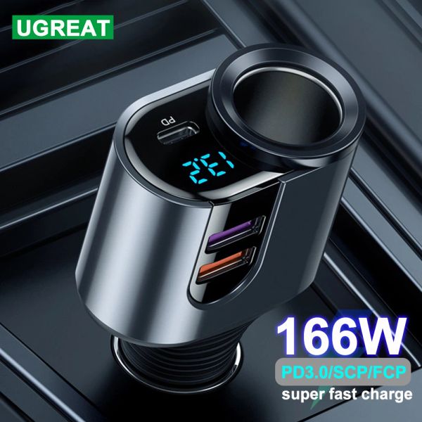 Эпиляторы 166 Вт автомобильный зарядной зарядной гнездо сигаретный гнездо супер быстрое зарядка 66W Typec PD20W USB Quick Charge3.0 18W для Huawei iPhone Samsung Oppo Vivo