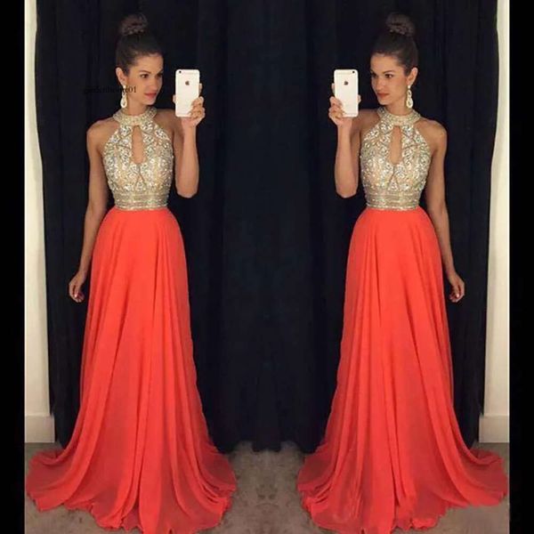 Abschlussball Hochhalter Kleid billige Brautjungfer Orange Lange Kleider tragen Abend sexy Ballkleider