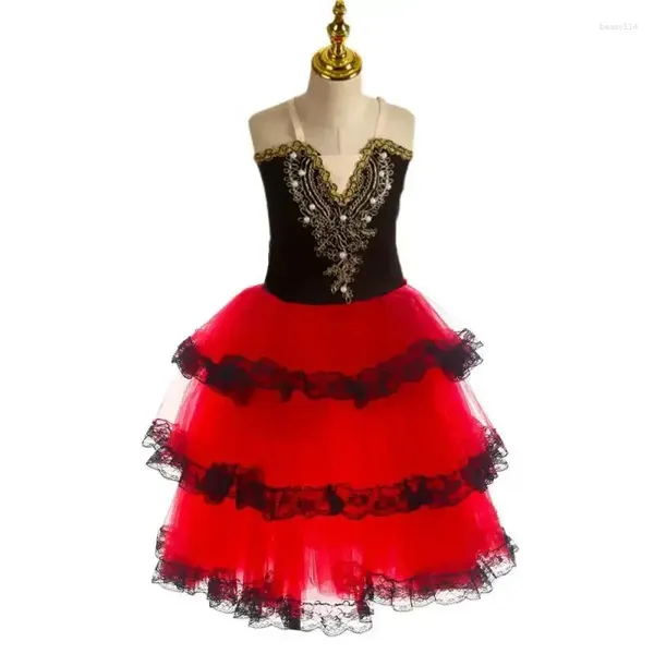 Abbigliamento da palcoscenico romantico gonna tutu tutu per ragazze bambini abito spagnolo rosso donna adulto tulle morbido costumi ballerina a lunghe prestazioni