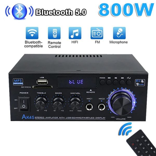 Amplificatore AS22 AK45 800W Amplificatori digitali domestici Digital Audio Bass Power Bluetooth Amplificatore Hifi FM Music Subwoofer Spegnere USB Mic Ingresso