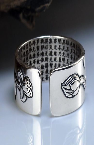 Mode Real 999 rein Silberschmuck Lotus Blume Offener Ring für Männer Männliche Modegröße Buddhistisches Herz Sutra Ringe Geschenke3770648