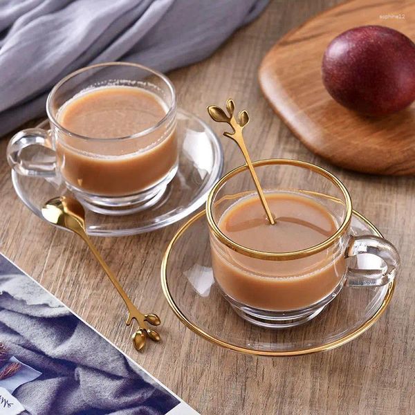 Weingläser klarer Glas Kaffeetasse mit Untertassen und Löffel Espresso -Getränke transparent kleine Tazas trinken Tee Becher