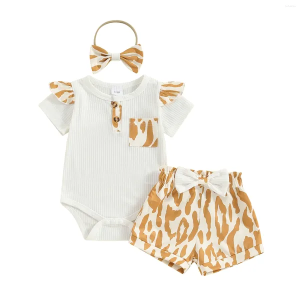 Roupas Conjuntos de 0-18m Infantas meninas de meninas verão 2 peças shorts de manga curta Romper com nervuras e estampa de leopardo com fita para a cabeça do arco