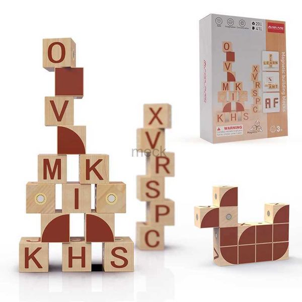 Dekompresyon oyuncak romboss 20pcs manyetik ahşap bloklar ahşap oyuncak 26 İngilizce alfabe manyetik yapı blokları Montessori Educational Toys Çocuk Hediyesi 240413