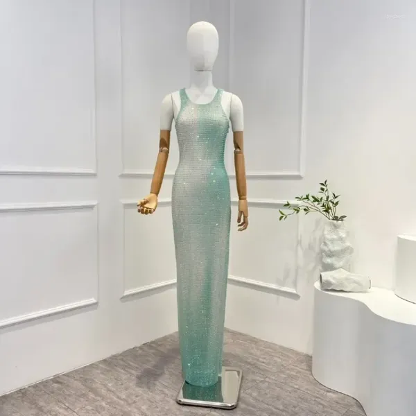 Vestidos casuais 2024 de alta qualidade verde claro e brilhante malha cravejada Diamantes mangas e sem mangas para mulheres de moda para mulheres