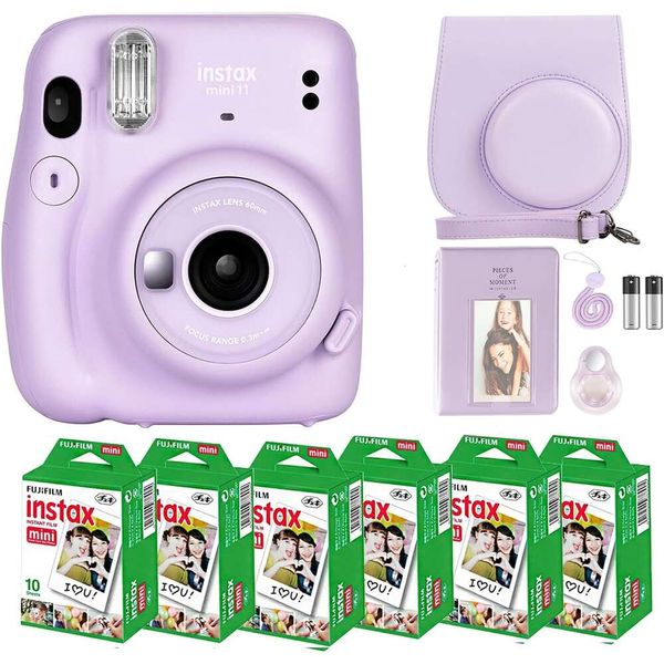 Fujifilm mini 11 pacchetto fotocamera con 60 fogli di film istantanei, accessori, valigia, lenti selfie, album fotografici, adesivi e borsa luminosa - kit indispensabile n. 1