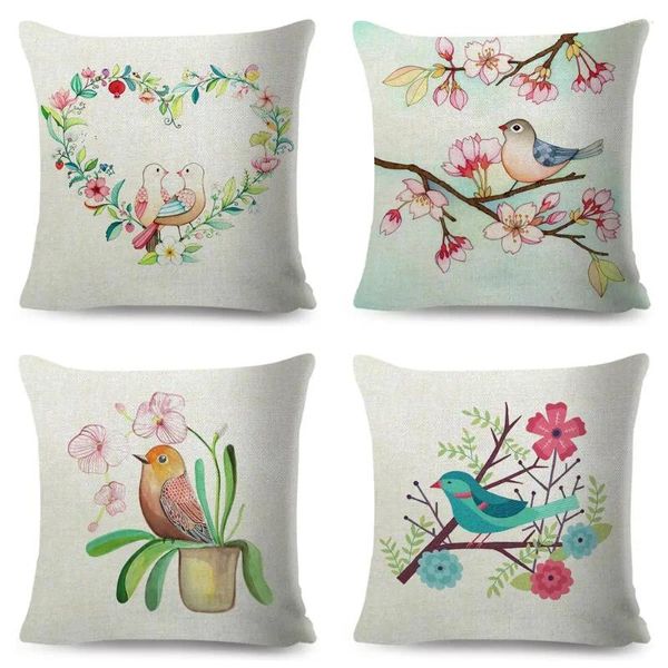 Pillow Cartoon Parrot Animal Case Decor Birds e Flower Tampa para Sofá Casa Crianças Poliéster Poliéster Fronha 45x45cm