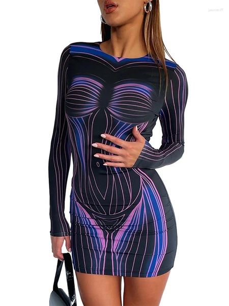 Abiti casual haoyuan 3d body stampa a maniche lunghe mini abito per donne 2024 y2k Outfit del night club di compleanno sexy sexy bodycon elegante