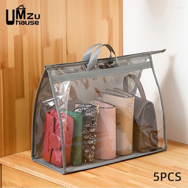 Aufbewahrungsbeutel 5pcs Handtasche mit Griff hängen großer staubdichtes Reißverschlussbeutel Abdeckung klarer Beschützer Hülle Kleiderschrank tragbare Organisatoren