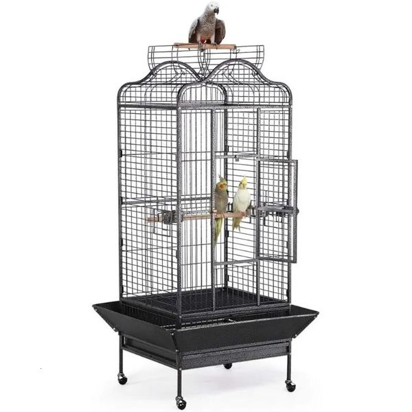 63 Gaiola de pássaro com pista de ferro forjada Rolling Open Play Top Large For Mini Macaw African Grey Parrot 240412