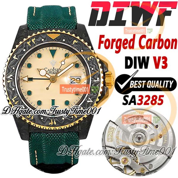 DIWF V3 OASIS DE CARBONA SA3285 Homens automáticos relógios DiW Full Forged Carbon Case Script Arábico Marcadores de Dial Amarelo Nylon Strap Super TrustyTime001 Relógios